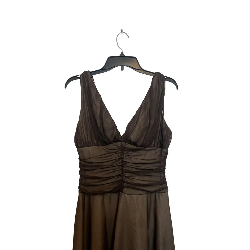 Connected Apparel Brown Sleeveless V-Neck Ruched Bodice Chiffon Dress Size 12 - Picture 5 of 5
